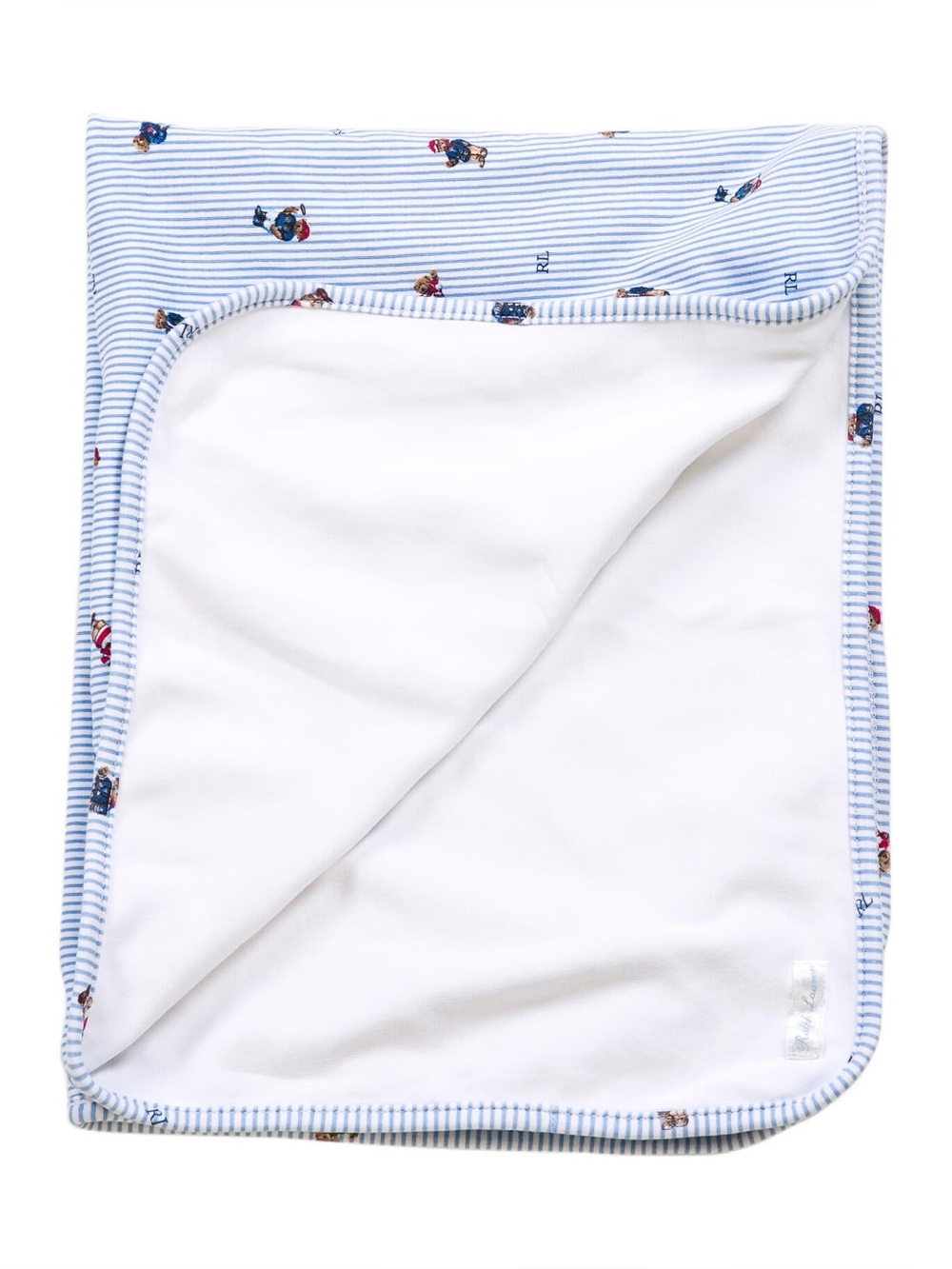 Ralph Lauren Polo Bear Baby Blanket Blue White Striped Cotton Swaddle 3-9M